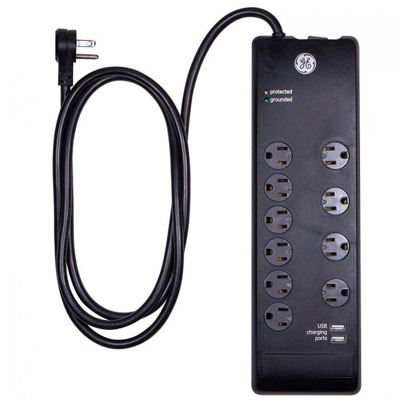 General Electric GE UltraPro 10-Outlet 2-USB 6ft. Surge Protector, Black (10', Black)