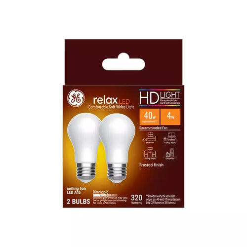 GE Relax HD A15 LED Light Bulbs, Ceiling Fan Lights, 40 Watt Replacement, Soft White (2 Pack)