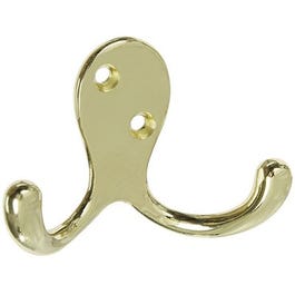 Hook, Robe, Double-Prong, Polished Brass