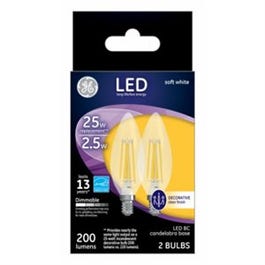 Decorative LED Light Bulbs, Candelabra Base, Soft White, Clear, 200 Lumens, 2.5-Watts, 2-Pk.