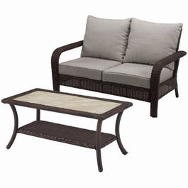 Montego Bay Patio Loveseat & Coffee Table, Ivory & Wicker Brown