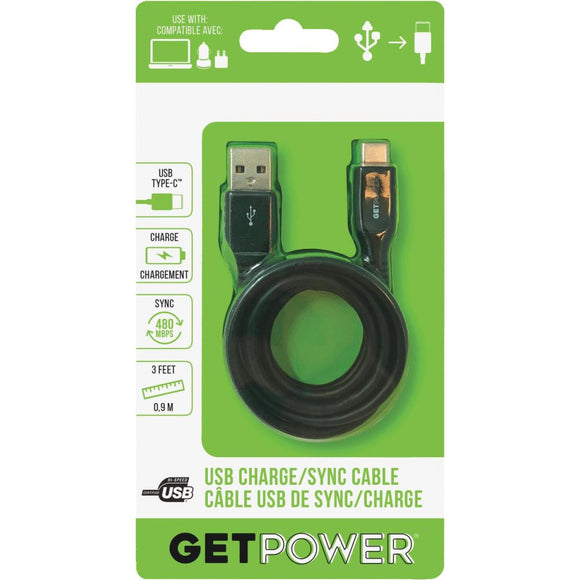 GetPower 3 Ft. Black USB-C to USB-A Charge/Sync Cable